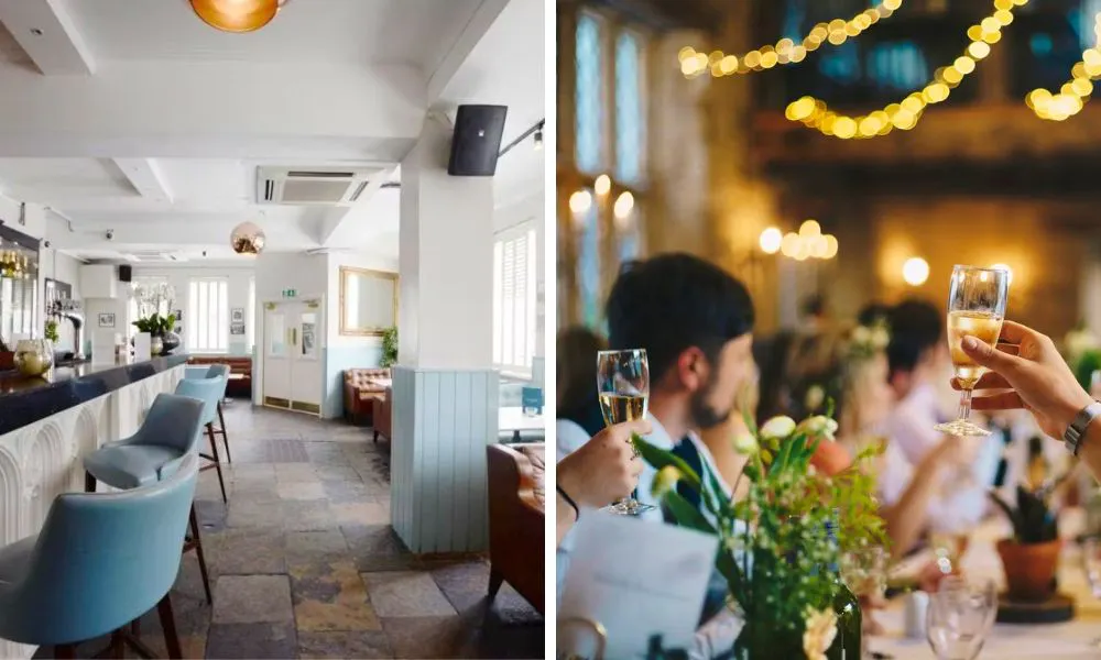 sleek white and light blue bar interiors