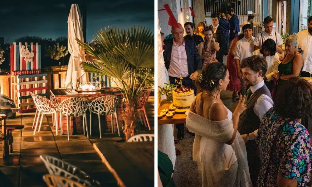 rooftop bar at night, and a wedding party celebrating