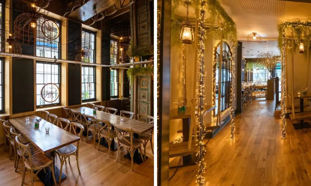 long dining tables and fairy lights in restaurant
