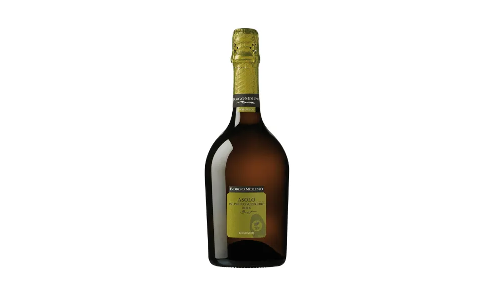 Squat prosecco bottle with green foil