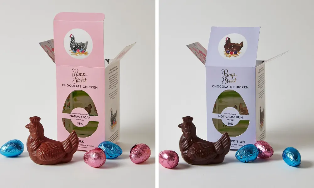 pink and purple boxes with chocolate chickens