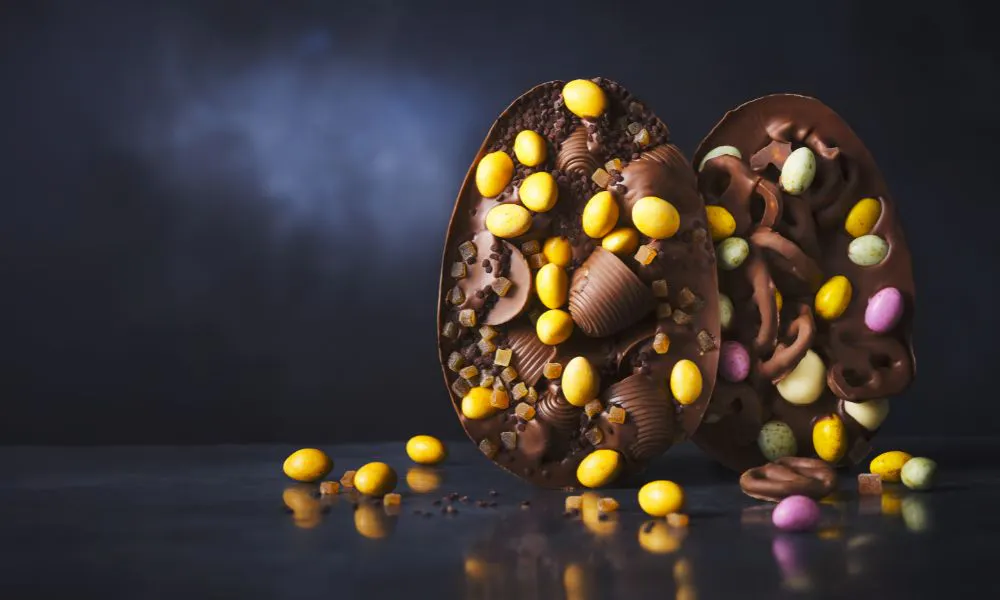 Half easter egg packed full with pretzels and chocoalte