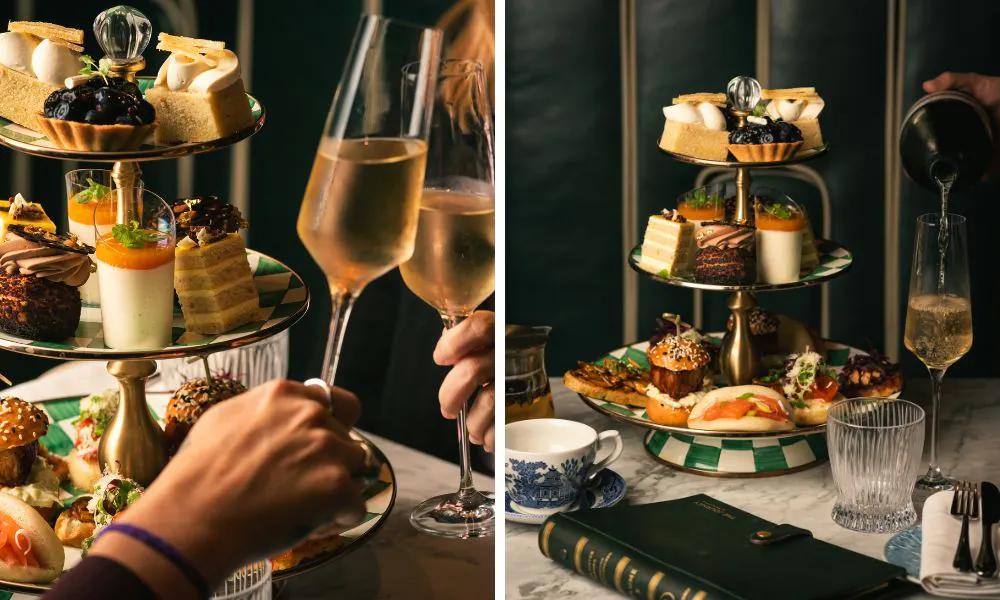 tapas-style afternoon tea stands and people drinking prosecco