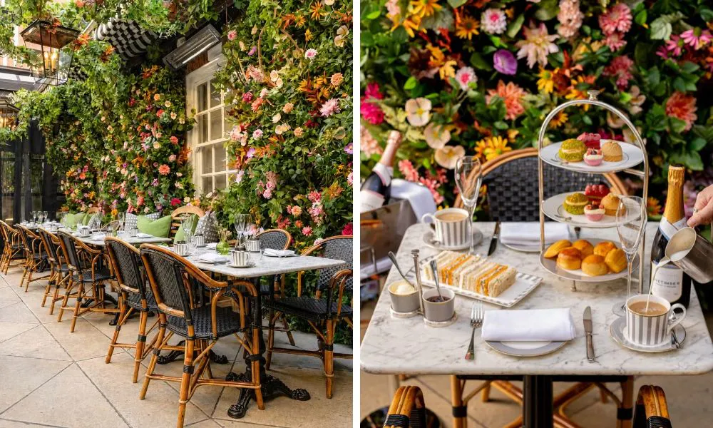 outdoor terrace with floral decorations and afternoon tea with tea cup and champagne