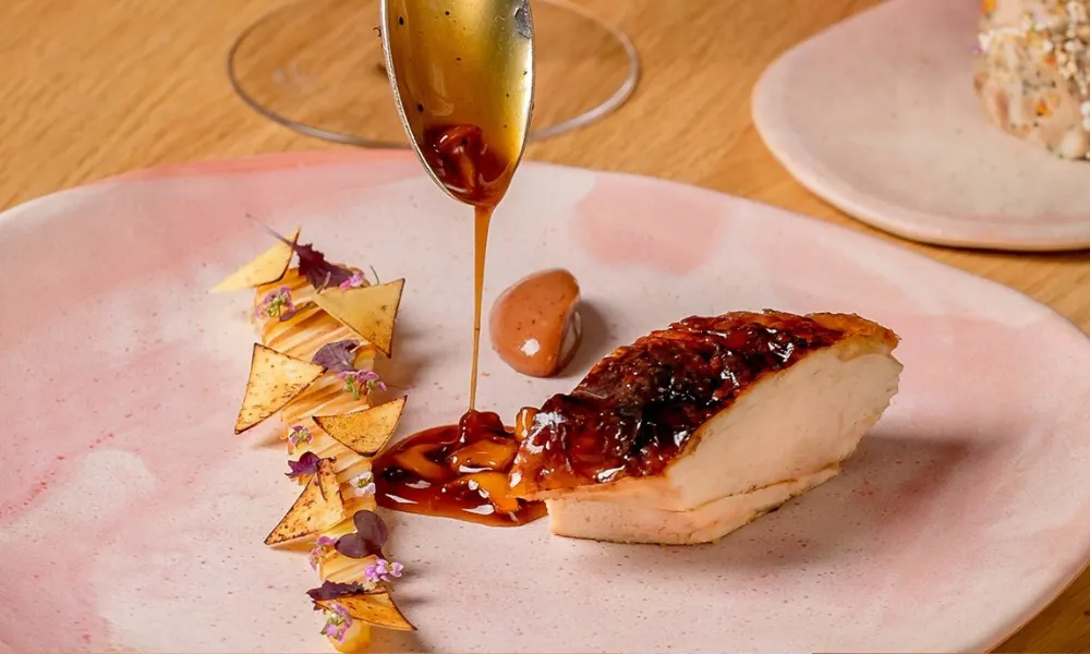 glazed chicken dish at helene darroze at the connaught