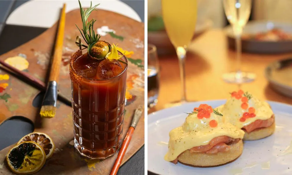bloody mary with paint brush and smoked salmon benedict with salmon roe