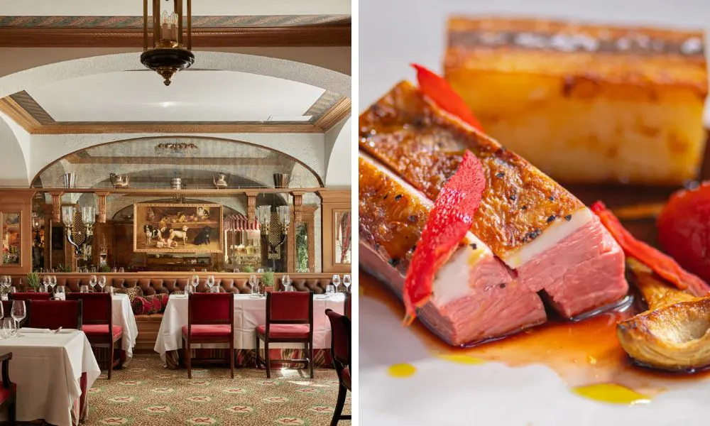restaurant with red chairs and white tablecloths and lamb with gravy