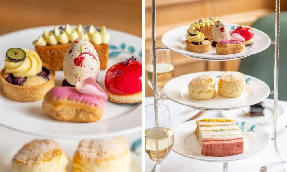 afternoon tea with easter themed sweet treats and scones