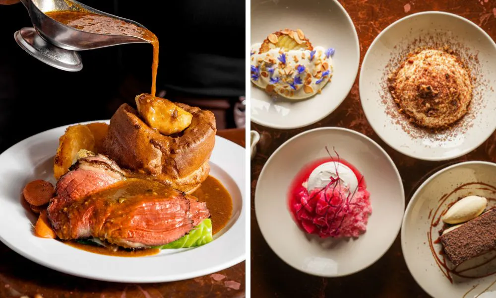 roast dinner with beef and gravy and spring desserts