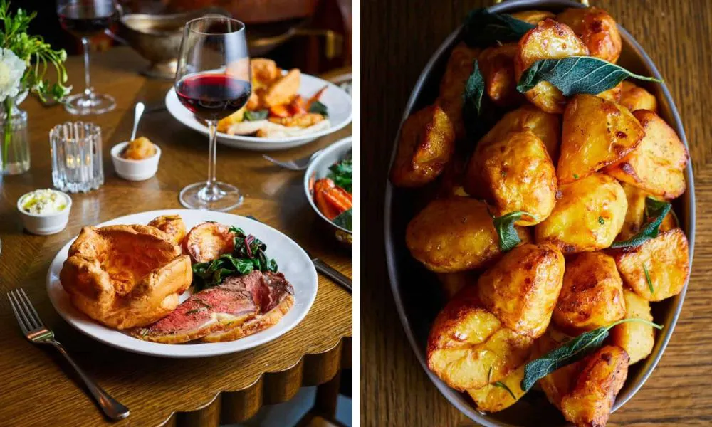 beef roast with yorkshire pudding and red wine and roast potatoes with sage