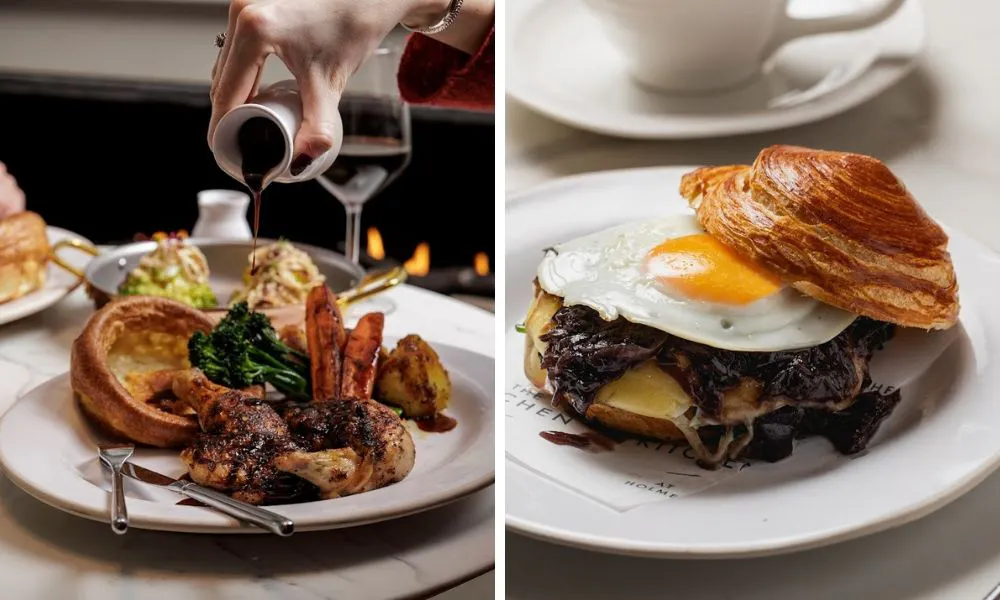 roast chicken with trimmings and gravy and croissant with fried egg and onion jam