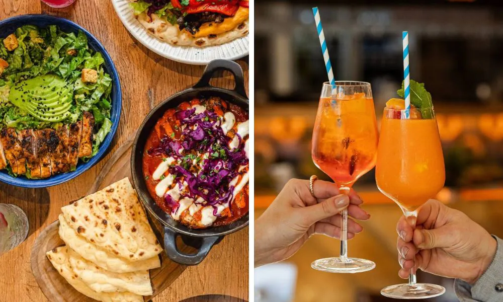 shakshuka with flatbread and salad with grilled chicken