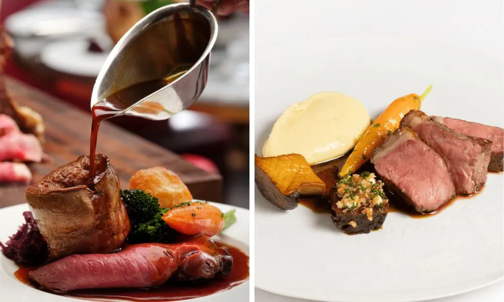 beef roast with gravy and lamb with carrot and mash