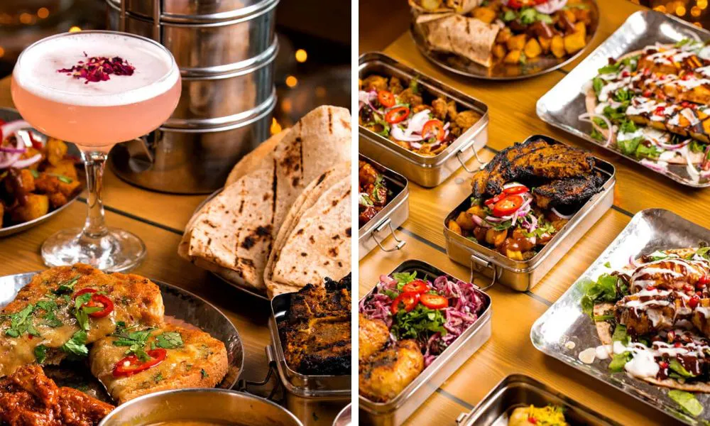 cocktail with roti bread and tiffin boxes with curries