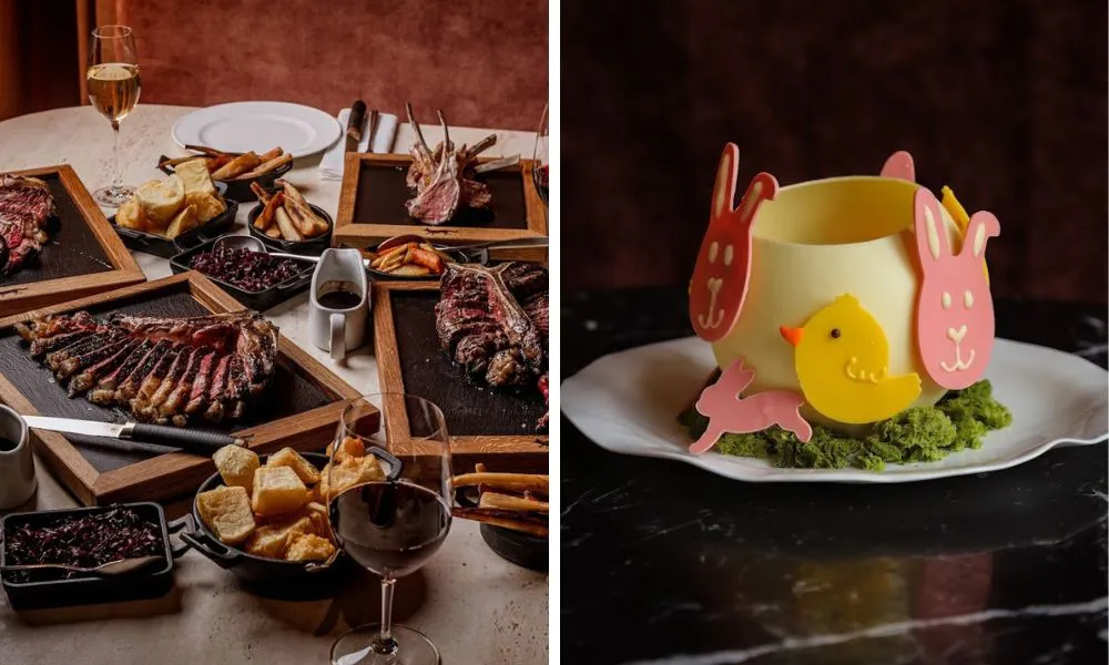 sharing steaks with trimmings and chocolate easter centrepiece