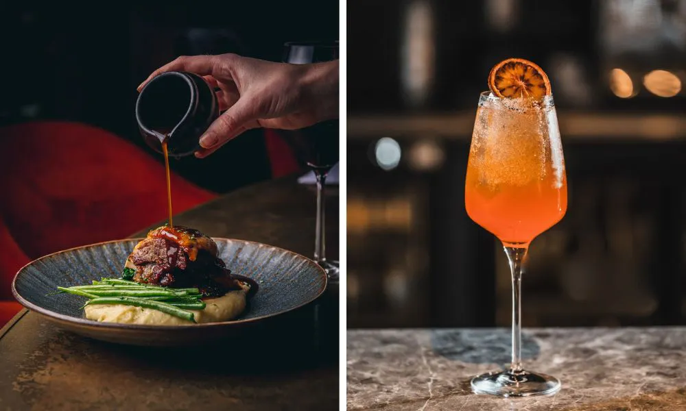 roast with mash and green beans and aperol spritz