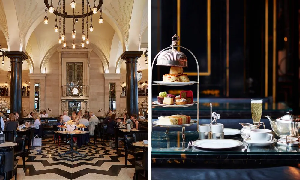 black and white dining room and afternoon tea with champagne