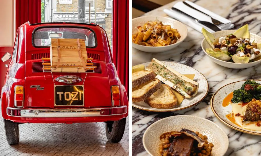 red car in restaurant and sharing italian plates with bread and ragu