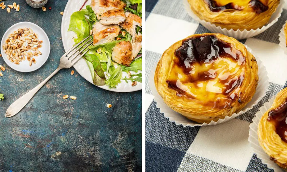 left, chicken and pine nuts. Right, custard tart