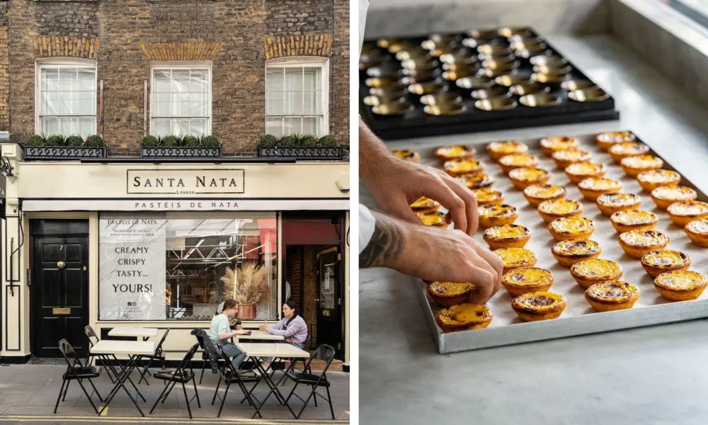 left, cream store front with tables. Right custart tarts