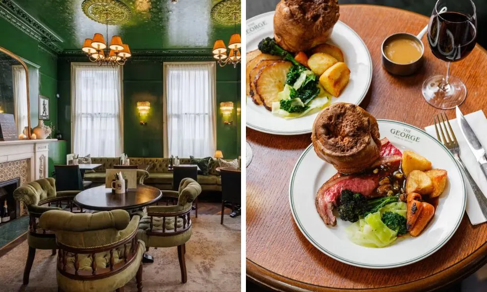 The George's green dining room interiors, and two roast dinners on a table