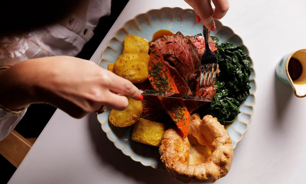 aerial view of beef sunday roast with yorkshires