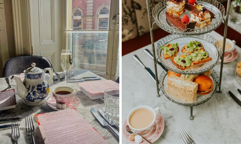teapot on a table and cake stand with afternoon tea