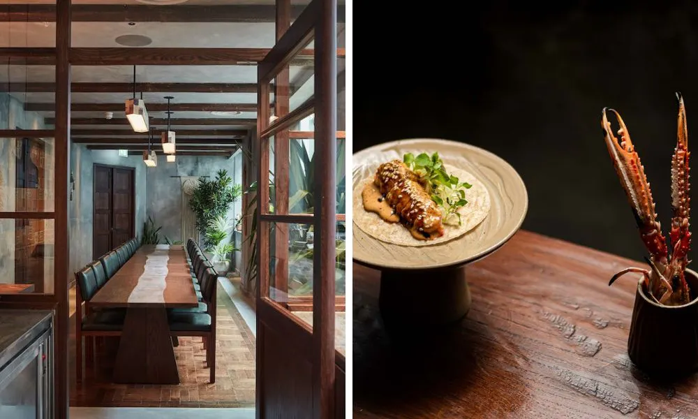 long dining table and tall plate with taco