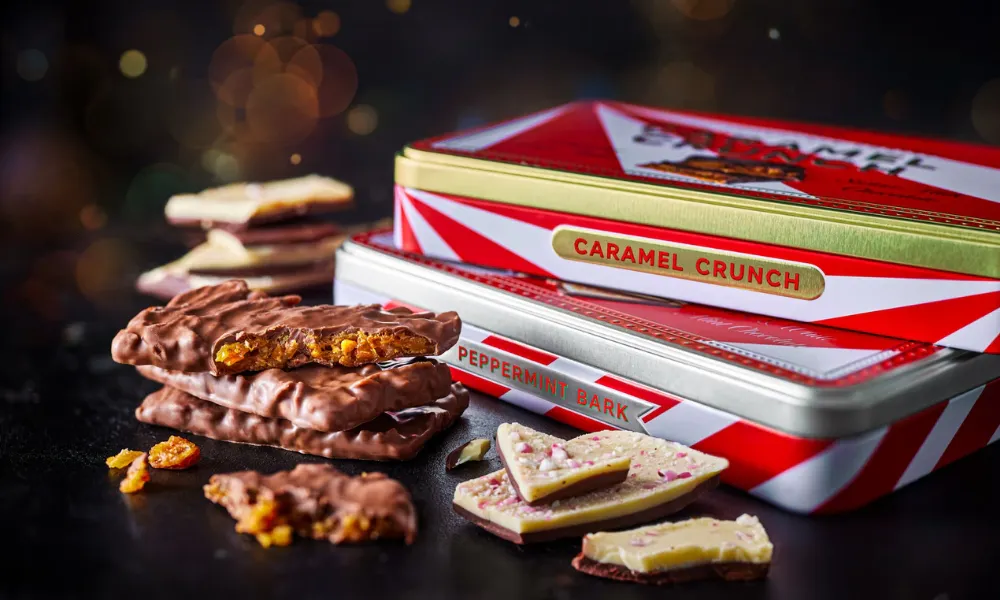 chocolate peppermint bark tin with red stripes