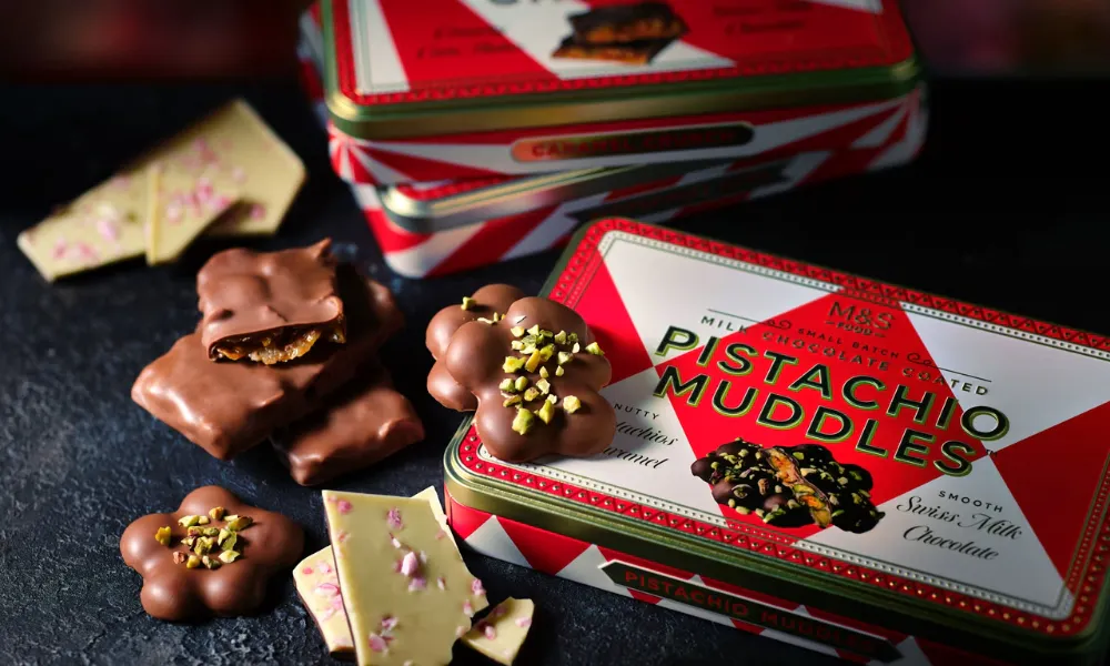 M&S Christmas pistachio muddles in red and white tin