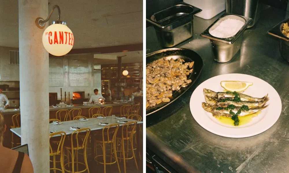 the counter and open kitchen at canteen, and a plate of fish
