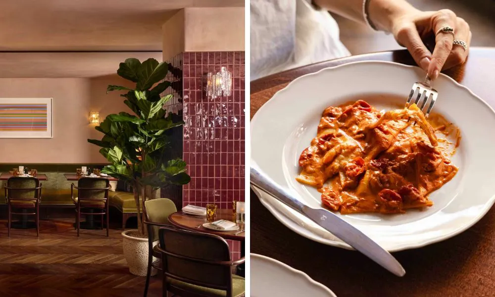 elegant restaurant interiors and bowl of pasta
