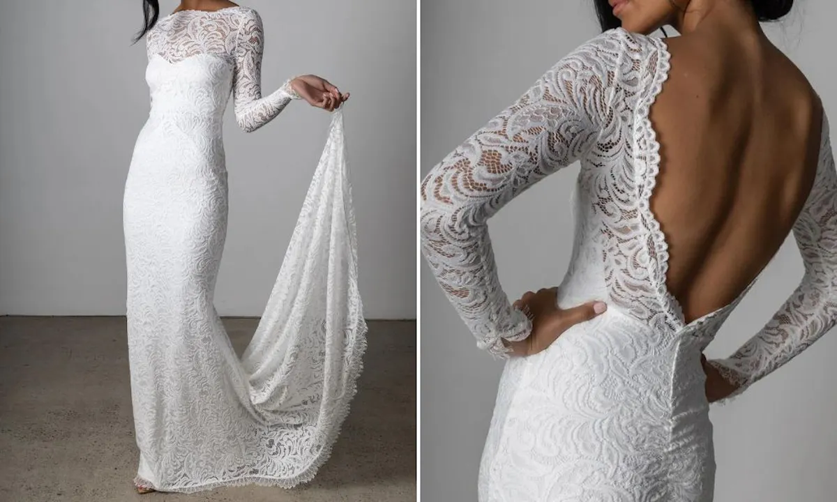 princess polly baby blue dress Wren Long Sleeve Lace Wedding Dress with Keyhole Back