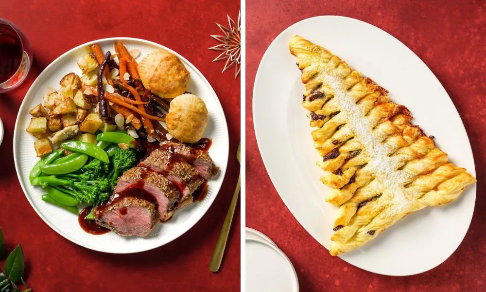 beef roast dinner and christmas tree shaped pastry