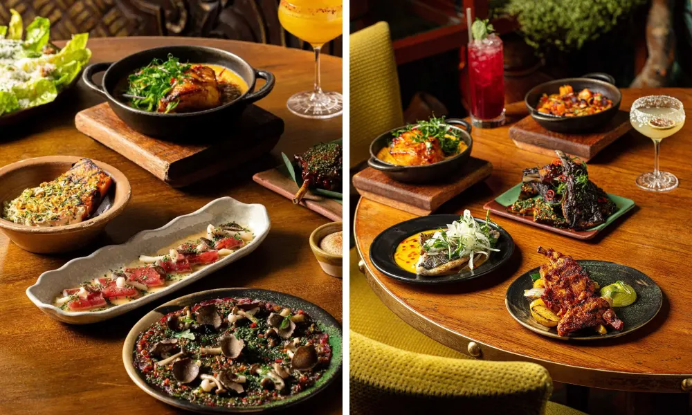 peruvian Nikkei dishes with cocktails on a table