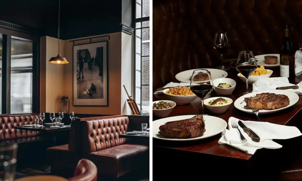 sleek restaurant interiors and a selection of steaks on a table with glasses of wine