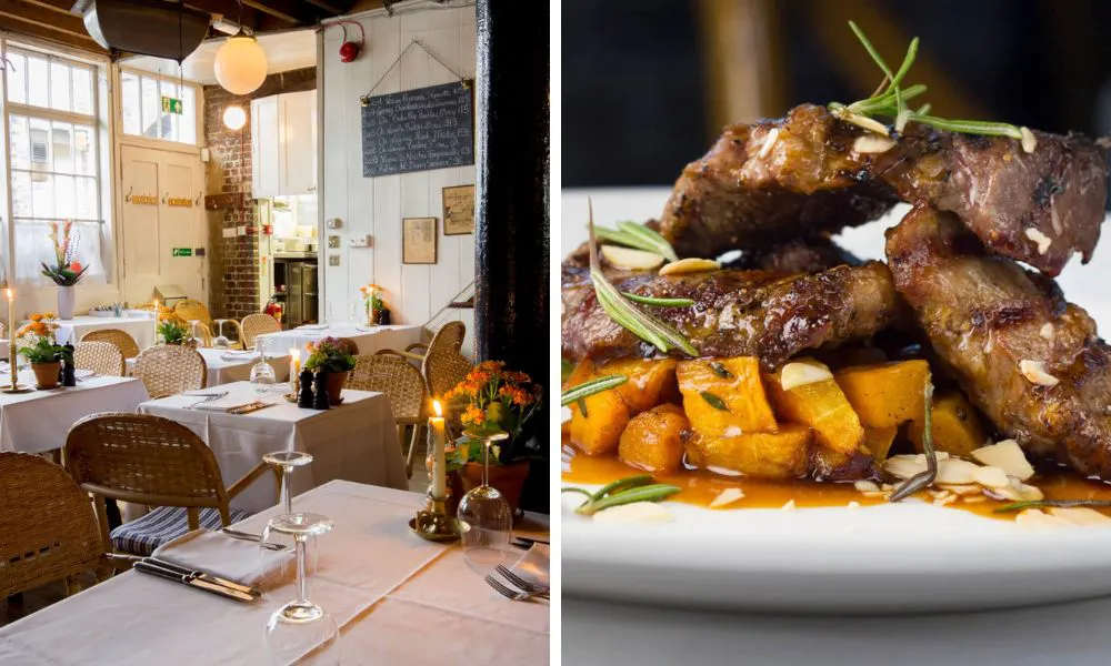 restaurant with white tablecloths and wicker chairs and grilled beef with jus