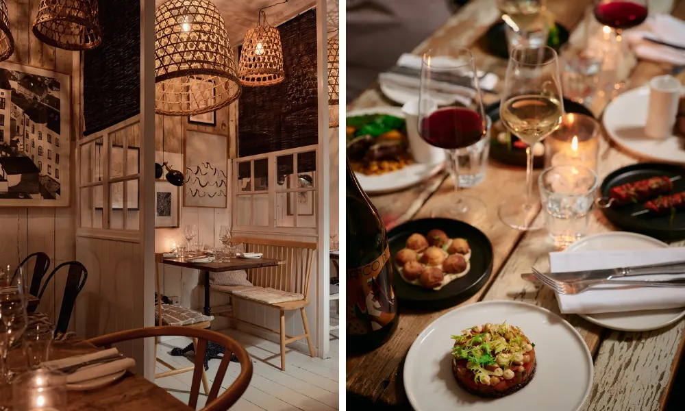 cosy intimate restaurant with wicker light shades