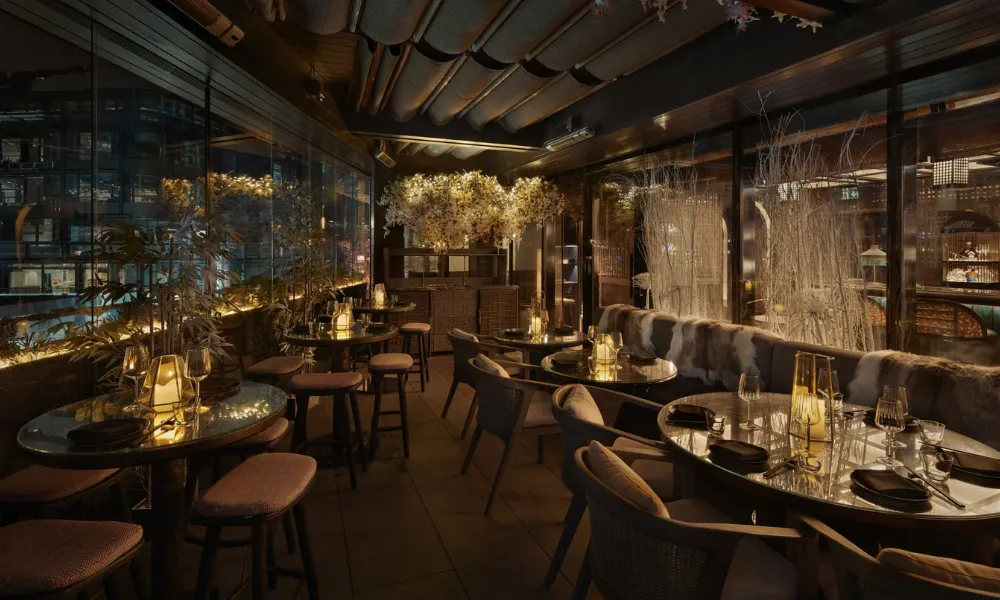 The terrace at Tattu London with fur throws