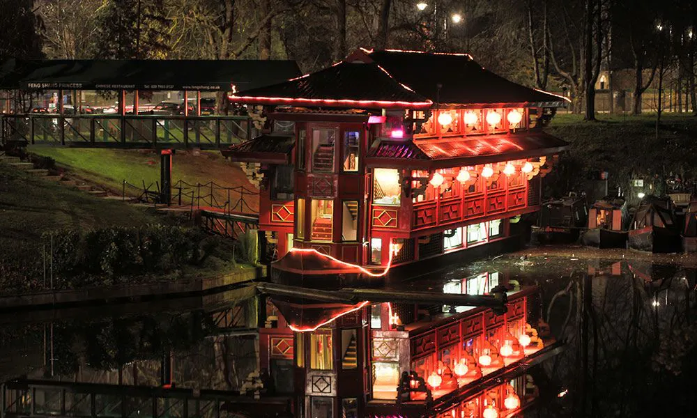 Red pagoda on a canal