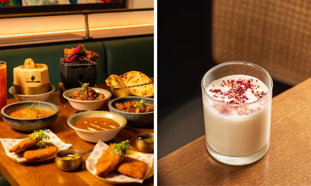 spread of dishes on a table and cocktail at chourangi