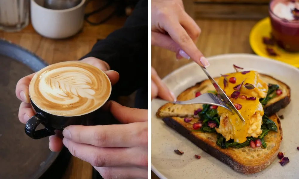 cup of cofee and eggs on toast with pomegranite