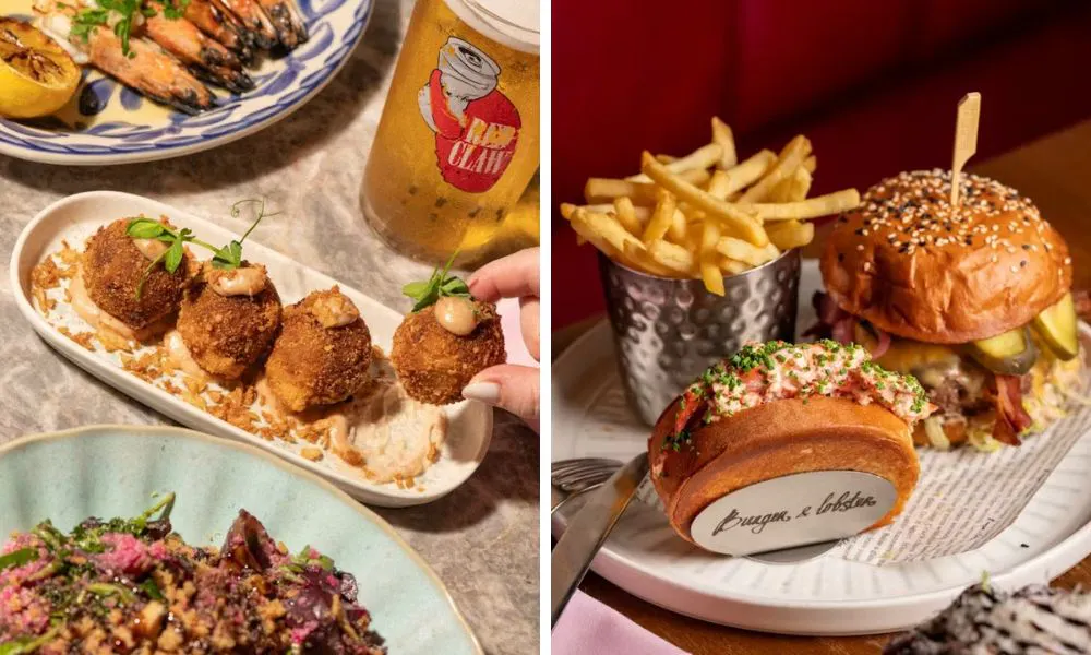 croquettes with pint of beer and burger with fries