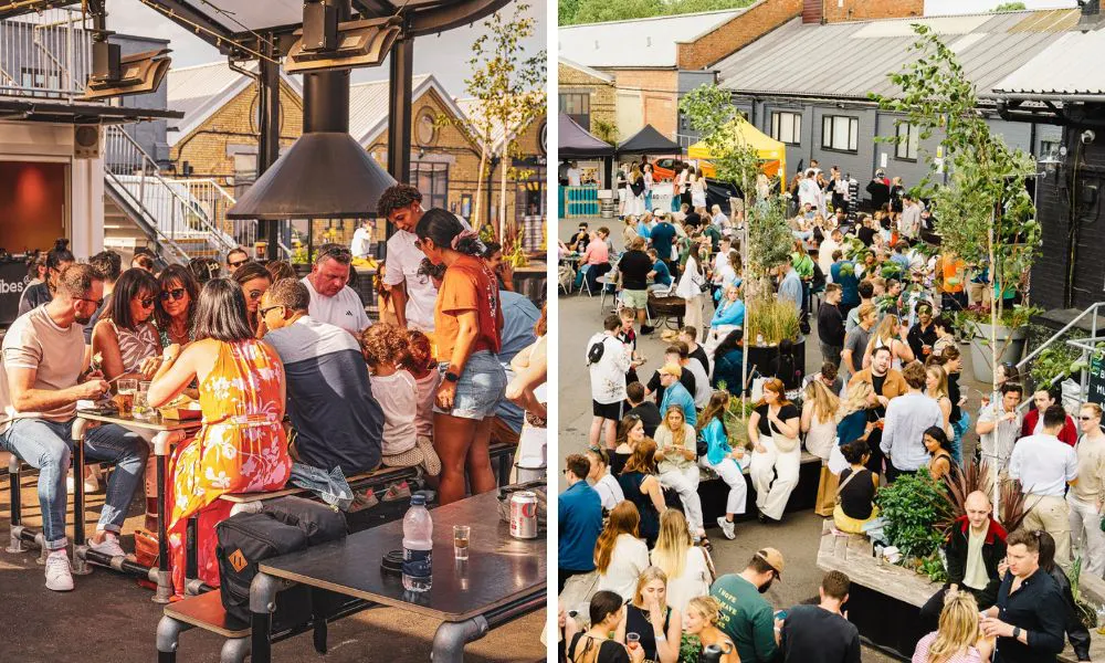Outdoor beer garden at Two Tribes Brewery & Campfire Taproom