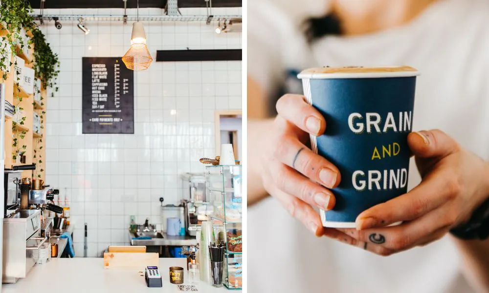 the interiors at Grain and Grind (left), a cup of coffee (right)