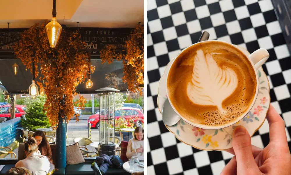the interior at Kothel (left), and a cup of coffee (right)