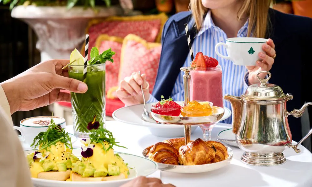 a selection of brunch dishes and smoothies