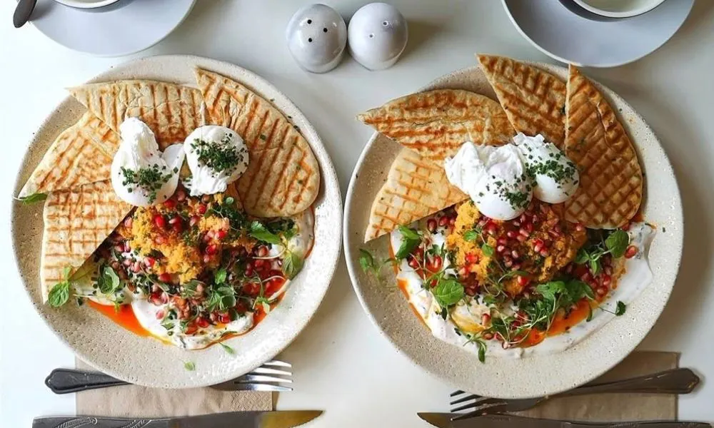 flatbreads, hummus and poached eggs