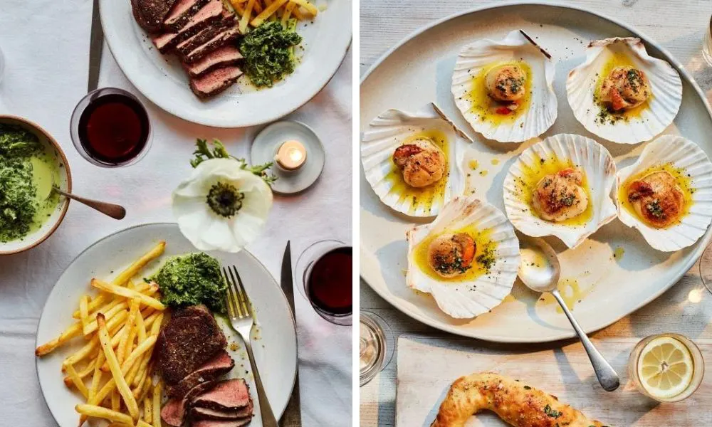 steak and chips on a date night and scallops in shells
