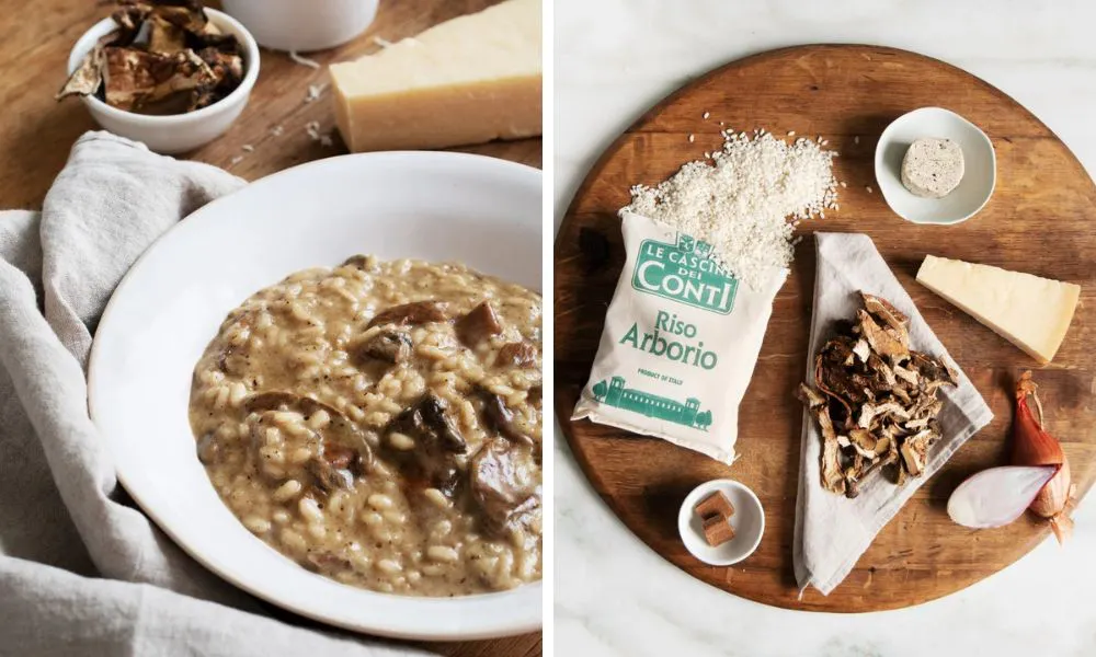 mushroom and truffle risotto with ingredients on a board
